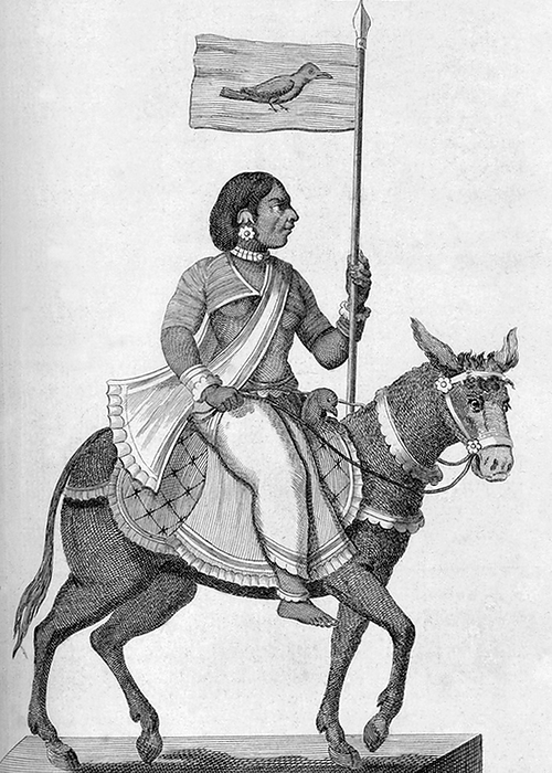 India: Moudevi , also known as Jyestha or in Tamil as Kakkaikkodiyal  crow bannered  riding a donkey or Khararudha  Pierre Sonnerat, 1782 . Pierre Sonnerat  1748 1814  was a French naturalist and explorer who made several voyages to southeast Asia between 1769 and 1781. He published this two volume account of his voyage of 1774 81 in 1782.  Volume 1 deals exclusively with India, whose culture Sonnerat very much admired, and is especially noteworthy for its extended discussion of religion in The book is illustrated with engravings based on Sonnerat s drawings. Among the most interesting illustrations are Among the most interesting illustrations are Sonnerat pictures of various Hindu deities.