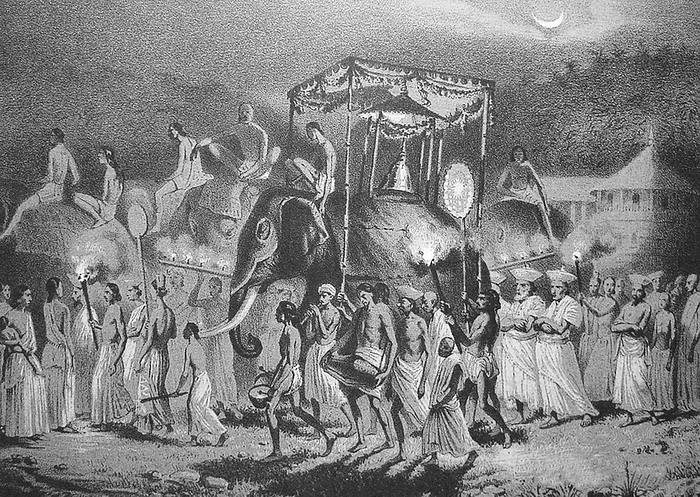 Sri Lanka: Esala Perahera procession by night, Kandy, 1841. The Esala Perahera or  Festival of the Tooth  held annually in Kandy is believed to be a fusion of two separate but interconnected  Perahera   Processions , The Esala and Dalada. The Esala Perahera which is thought to date back to the 3rd century BC, was a ritual enacted to request the gods for rainfall. The Dalada Perahera is believed to have begun when the Sacred Tooth Relic of the Buddha was The Dalada Perahera is believed to have begun when the Sacred Tooth Relic of the Buddha was brought to Sri Lanka from India during the 4th Century AD.