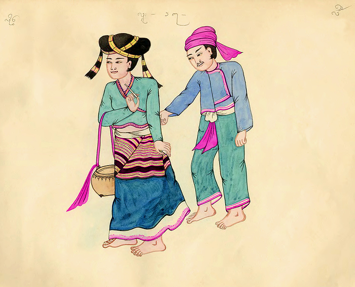 Burma   Myanmar: A Tai Lu couple in ethnic dress. The Shan text identifies them as Tai Lu, as does the the Burmese. The man wears a pink turban  the woman holds a cheroot and carries a basket. A hand drawn, hand coloured watercolour from the late 19th century by an unknown Burmese artist. br   br     The name of the ethnic group featured appears near the top of the picture in Shan script  left , Burmese script  Centre  and Khun script   right . Khun script was formerly used in Kengtung   Kyaingtong in eastern Shan State and in Lan Na or Lanna, northern Thailand. br   br     The Tai ethnicity refers collectively to the ethnic groups of southern China and Southeast Asia, stretching from Hainan to eastern India and from southern Sichuan to Laos, Thailand, and parts of Vietnam, which speak languages in the Tai family and share similar traditions and festivals, including the water festival. Despite never having a unified nation state of their own, the peoples also have historically shared a vague idea of a  Siam  nation, corrupted to Shan or Assam in some places. The majority of Tai Lu live around Xishuangbanna in Yunnan Province in southern China. Other Tai Lu villages can be found in Laos, Vietnam, Thailand and Burma.