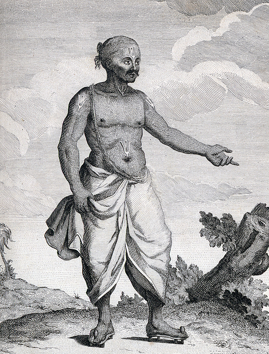 India: A Brahmin follower of Vishnu  Pierre Sonnerat, 1782 . Pierre Sonnerat  1748 1814  was a French naturalist and explorer who made several voyages to Southeast Asia between 1769 and 1781. He published this two volume account of his voyage of 1774 81 in 1782.  Volume 1 deals exclusively with India, whose culture Sonnerat very much admired, and is especially noteworthy for its extended discussion of religion in India, Hinduism in particular. br   br   br   Volume 1 deals exclusively with India, whose culture Sonnerat very much admired, and is especially noteworthy for its extended discussion of religion in religion in particular.  Volume 2 covers Sonnerat   travels to China, Burma, Madagascar, the Maldives, Mauritius, Ceylon  present day Sri Lanka , Indonesia, and the Philippines. The book is illustrated with engravings based on Sonnerat drawings. Sonnerat was also a dedicated ornithologist and bird collector, and the book describes and depicts a number of species that he was the first to identify. Sonnerat was also a dedicated ornithologist and bird collector, and the book describes and depicts a number of species that he the first to identify.