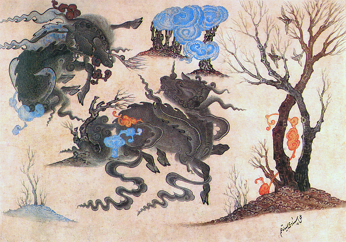 Central Asia: Siyah Kalem School, 15th century: Combat between two mythical creatures. Siyah Kalem or  Black Pen  is the name given to the 15th century school of painting attributed to Mehmed Siyah Kalem. The paintings appear in the  Conqueror Albums , so named because of two The paintings appear in the  Conqueror Albums , so named because two portraits of Sultan Mehmed II the Conqueror are present in one of them. br   br   br  The paintings appear in the  Conqueror Albums , so named because two portraits of Sultan Mehmed II the Conqueror are present in one of them.  The albums are made up of miniatures taken from manuscripts of the 14th, 15th, and early 16th centuries, and one series of paintings is inscribed  work of Master Mu Rohammad Siyah Kalem . Something of the style and techniques of Chinese paintings is apparent in these, and an acquaintance with Buddhist art, particularly in the depictions of grotesque demonic figures.