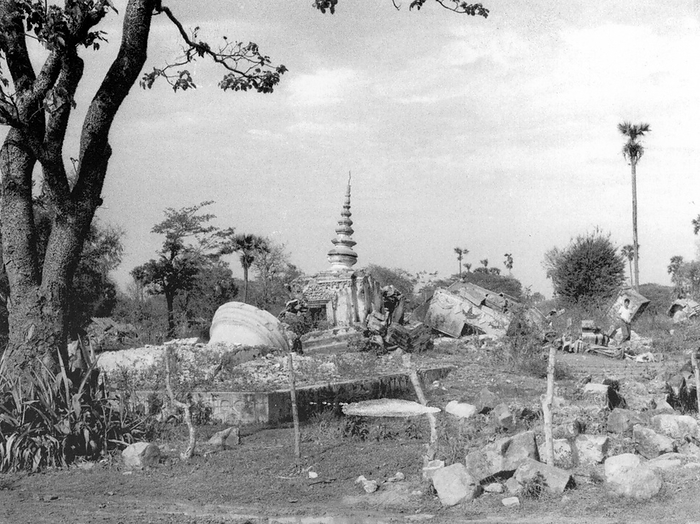 Cambodia: Khmer Rouge Aftermath: Krapuchaet, the  Temple of the Satisfied Crocodile  in Kandal Province, destroyed during the Khmer Rouge period  1975 1979 . The Khmer Rouge, or Communist Party of Kampuchea, ruled Cambodia from 1975 to 1979, led by Pol Pot, Nuon Chea, Ieng Sary, Son Sen and Khieu Samphan. It is remembered primarily for its brutality and policy of social engineering which resulted in millions of deaths. Its attempts at agricultural reform led to widespread famine, while its insistence on absolute self sufficiency, even in the supply of medicine, led to the deaths of thousands from treatable diseases  such as malaria . Brutal and arbitrary executions and torture carried out by its cadres against perceived subversive elements, or during purges of its own ranks between 1976 and 1978, are considered to have constituted a genocide. Several former Khmer Rouge cadres are currently on trial for war crimes in Phnom Penh. 