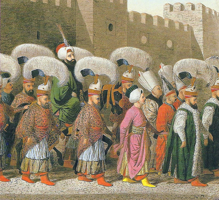 Turkey: Ceremonial Procession of Sultan from Topkapi Palace Pictured here is the Sultan leaving Topkapi Palace for Friday prayers in one of the capital s mosques circa 1810 by an unknown artist. The advisers to the Sultan, the viziers, wore green. The master of horse dressed head to foot in dark green. Court officers wore light red shoes. And among non Muslims, Greeks wore black shoes, Armenians violet, and Jews blue slippers.
