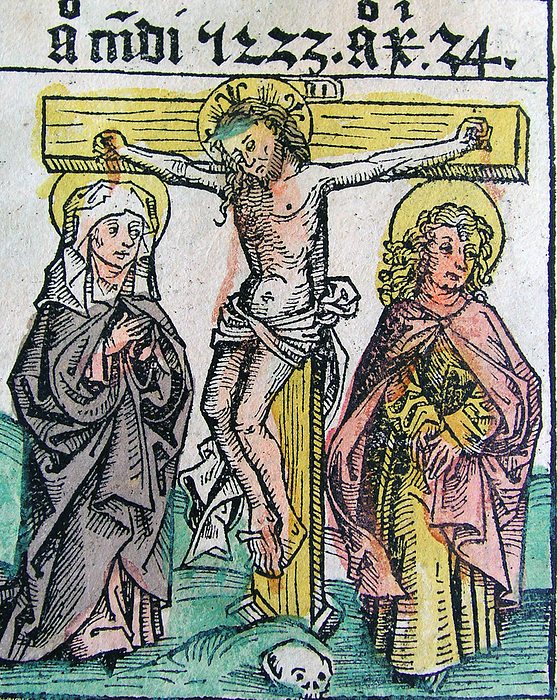 Germany: The Nuremberg Chronicle, Crucifixion of Jesus. The Nuremberg Chronicle is an illustrated world history. Its structure follows the story of human history as related in the Bible  it includes the histories of a number of important Western cities. Written in Latin by Hartmann Schedel, with a version in German translation by Georg Alt, it appeared in 1493. It is one of the best documented early printed books   an incunabulum  printed, not hand written    and one of the first to successfully integrate illustrations and text.