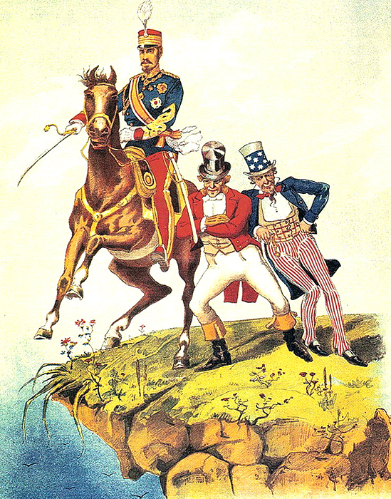 Russia: Russian propaganda poster shows the UK and the USA surreptitiosly conspiring to push the Japanese emperor, on horseback, over a cliff top,  Russo  Japanese War, 8 February 1904   5 September 1905  The Russo Japanese War  8 February 1904   5 September 1905  was the first great war of the 20th century which grew out of the rival imperial ambitions of the Russian Empire and Japanese Empire over Manchuria and Korea. br   br  The Russo Japanese War  8 February 1904   5 September 1905  was the first great war of the 20th century which grew out of the rival imperial  The major theatres of operations were Southern Manchuria, specifically the area around the Liaodong Peninsula and Mukden, the seas around Korea, Japan, and the Yellow Sea. The resulting campaigns, in which the Japanese military attained victory over the Russian forces arrayed against them, were As time transpired, these victories would transform the balance of power in East Asia, resulting in a reassessment of Japan s recent entry onto the world stage. Japan s recent entry onto the world stage. br   br   br  The Japanese military attained victory over the Russian forces arrayed against them were unexpected by world observers.  The embarrassing string of defeats inflamed the Russian people s dissatisfaction with their inefficient and corrupt Tsarist government, and proved a The embarrassing string of defeats inflamed the Russian people s dissatisfaction with their inefficient and corrupt Tsarist government, and proved a major cause of the Russian Revolution of 1905.
