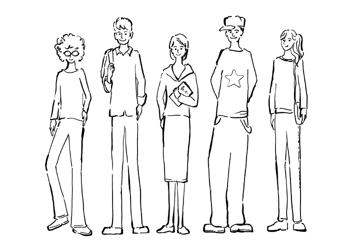 Hand drawn illustrations of young foreigners from various countries black and white line drawings