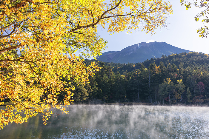 Mt. Hyo-Akan from Onneto, Hokkaido, with hail and autumn leaves