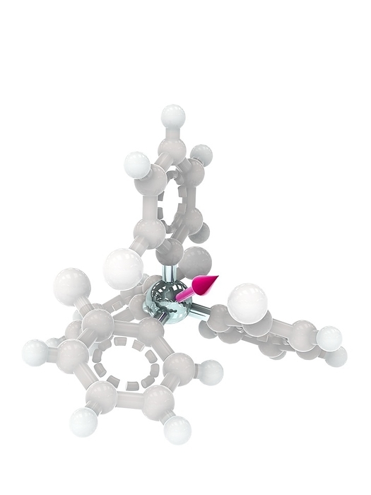 Quantum spin of an organometallic molecule, illustration Quantum spin of an organometallic molecule, illustration. A Chromium atom  metallic  forms the core of a hydrocarbon molecule and it has a detectable electronic spin  pink arrow . Attaching methyl groups at select locations alter the properties of the molecule. Atoms are colour coded as: carbon  grey  and hydrogen atoms  white  except in methyl groups  white big spheres  omitted for clarity., Photo by RAMON ANDRADE 3DCIENCIA SCIENCE PHOTO LIBRARY