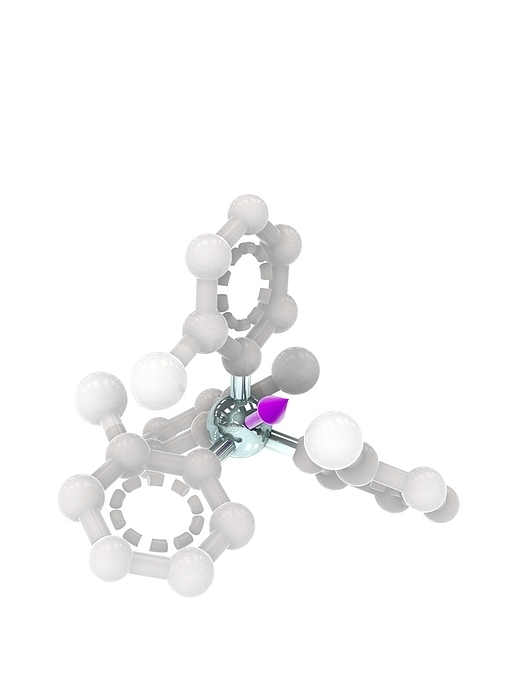 Quantum spin of an organometallic molecule, illustration Quantum spin of an organometallic molecule, illustration. A Chromium atom  metallic  forms the core of a hydrocarbon molecule and it has a detectable electronic spin  purple arrow . Attaching methyl groups at select locations alter the properties of the molecule. Atoms are colour coded as: carbon  grey  and hydrogen atoms  white  except in methyl groups  white big spheres  omitted for clarity., Photo by RAMON ANDRADE 3DCIENCIA SCIENCE PHOTO LIBRARY