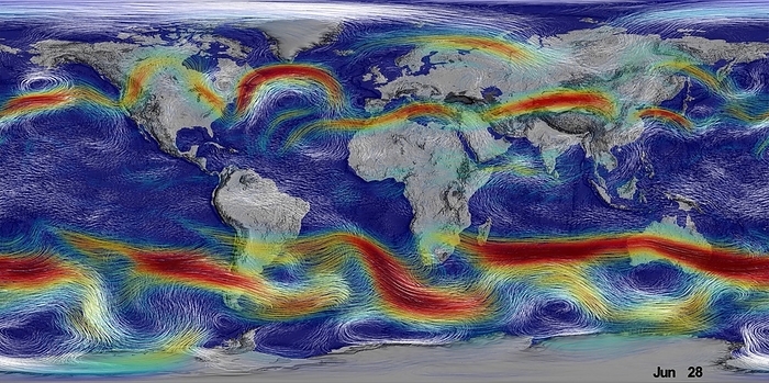 Global surface and upper level winds Still image of an animation showing a map of surface  white coloured  and upper level winds  rainbow coloured  travelling at 850 and 250 millibars. Faster winds are coloured in red whilst slower winds are coloured in blue. Surface winds are usually slower and have patterns such as easterly trade winds and westerlies. Data obtained from Terra, Aqua, MODIS satellites, and Blue Marble Land Cover., Photo by NASA s Scientific Visualization Studio SCIENCE PHOTO LIBRARY