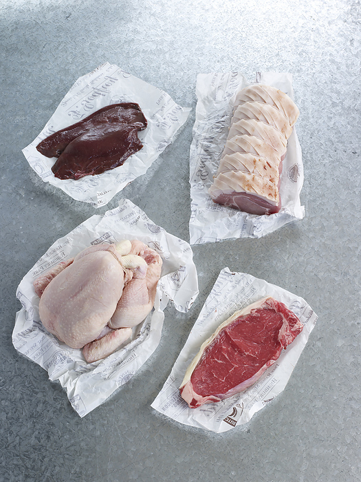 Lamb s liver, pork loin, whole chicken, and sirloin steak Lamb s liver, pork loin, whole chicken, and sirloin steak., Photo by DK IMAGES SCIENCE PHOTO LIBRARY