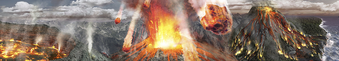 Erupting volcano with fireballs in sky, illustration Digitally generated image of erupting volcano with fireballs in sky., Photo by DK IMAGES SCIENCE PHOTO LIBRARY