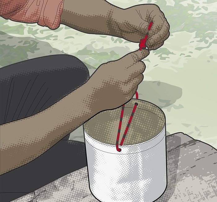 Improvised shower using metal tin and cordage, illustration Digital illustration showing how to make improvised shower using metal tin and cordage., Photo by DK IMAGES SCIENCE PHOTO LIBRARY