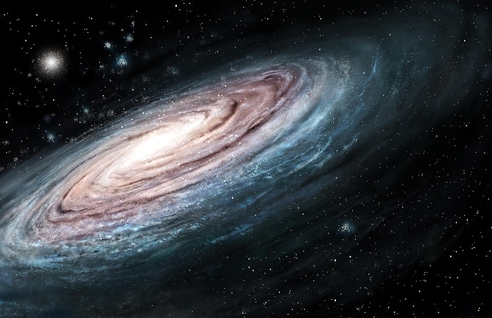 Milky Way galaxy, illustration Milky Way galaxy, illustration. An overview of our Milky Way galaxy. A barred spiral galaxy more than 100,000 light years wide. The solar system is within one of the spiral arms, about two thirds of the way from the centre., Photo by RON MILLER   SCIENCE PHOTO LIBRARY