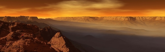 Valles Marineris, Mars, illustration Valles marineris, Mars, illustration. Valles Marineris is a vast system of canyons stretching 4000 km across the surface of Mars. The canyon is up to 200 km wide in places and up to 7 km deep., Photo by RON MILLER   SCIENCE PHOTO LIBRARY