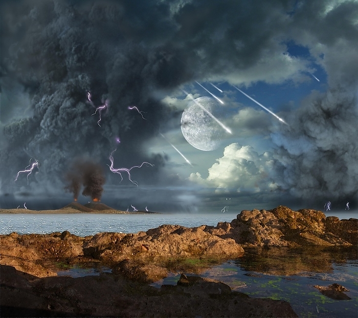 Tidal pool on primeval Earth, illustration Tidal pool on primeval Earth, illustration. The Moon was an essential step in the formation of life on Earth. The Moon created tides in the Earth   oceans and pools of water were left behind when tides receded. These quiet oases were ideal places for life to begin undisturbed., Photo by RON MILLER   SCIENCE PHOTO LIBRARY