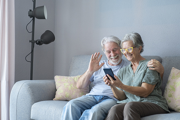 senior couple Smiling senior man waving during video call by woman at home