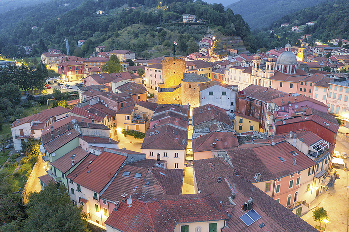 Italy Aerial view from the drone on a summer evening of the historic center of Varese Ligure, municipality of Varese Ligure, province of La Spezia, district of Liguria, Italy, Europe, Photo by Carlo Conti