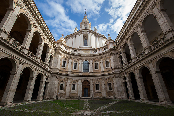 Rome, Italy The internal courtyard of the Basilica of Sant Ivo alla Sapienza, built on a project by the architect Borromini. Italy, Lazio, Province of Rome, Rome., Photo by Gianluca Laurentini