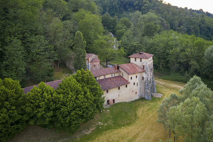 Italy Aerial view of the benedictine Monastero di Torba, near Castelseprio, Gornate Olona, Varese Province, Lombardy, Italy., Photo by Mirko Costantini