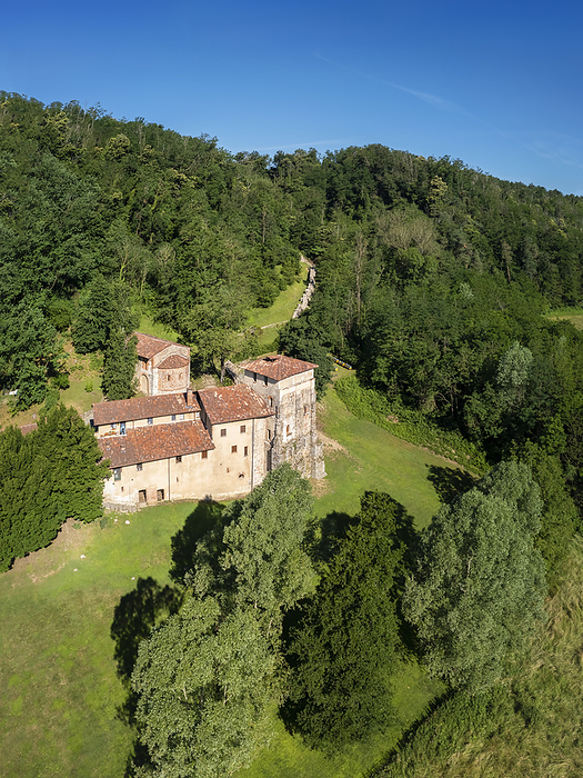 Italy Aerial view of the benedictine Monastero di Torba, near Castelseprio, Gornate Olona, Varese Province, Lombardy, Italy., Photo by Mirko Costantini