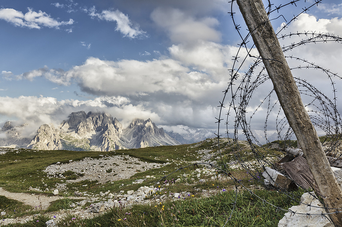 Italy Dolomites barbed wire between the trenches of the First World War on the Monte Piana, Sexten Dolomites, Auronzo di Cadore, Belluno, Veneto, Italy, Photo by Moreno Geremetta