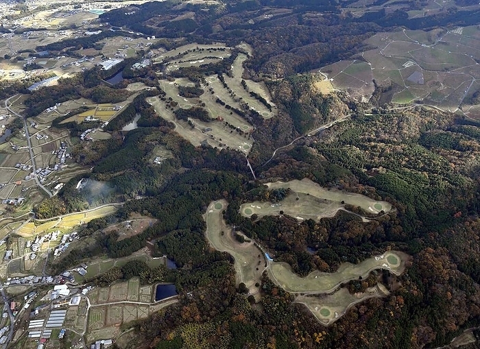 Planned site for a large scale, wide area disaster prevention center to be developed by the prefecture The planned site of a large scale, wide area disaster prevention center to be developed by the prefectural government in Gojo City on December 1, 2020, from a helicopter of the head office of the company, Nobushi Kako. Photo by Nobushi Kako