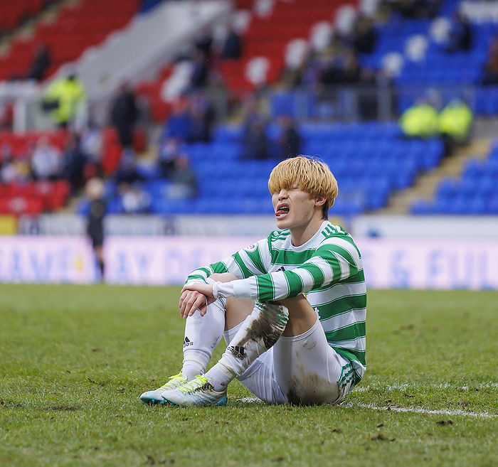 Scottish First Division Kyogo Furuhashi of Celtic on the floor with a hamstring injury during the Cinch Premiership match between St.Johnstone and Celtic at McDiarmid Park, Perth  Photo by MB Media 