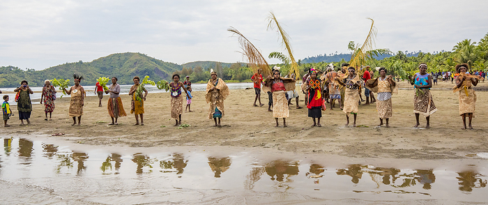 Village women in tapa bark cloth dresses preparing to perform traditional sing sing Melanesian tribal dance in Morobe Bay, Papua New Guinea; Morobe Bay, Morobe Province, Papua New Guinea, Photo by Chris Caldicott / Design Pics