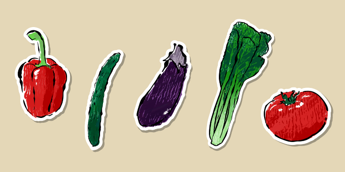 Sticker style vegetable illustration set, bell bell pepper, cucumber, eggplant, komatsuna, tomato, ink roller, hand drawn Food