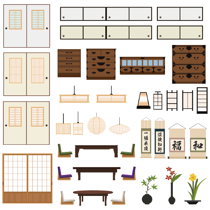Illustration material: Japanese-style room, furniture, lighting, fusuma (sliding door), flower arrangement vector