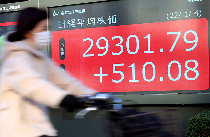 Nikkei 225 rebounds, first trade of 2022 January 4, 2022, Tokyo, Japan   A cyclist passes before a share prices board in Tokyo on Tuesday, January 4, 2022. Japan s share prices rose 510.08 yen to close at 29,301.79 yen at the Tokyo Stock Exchange on the first trading day of the year.     Photo by Yoshio Tsunoda AFLO 