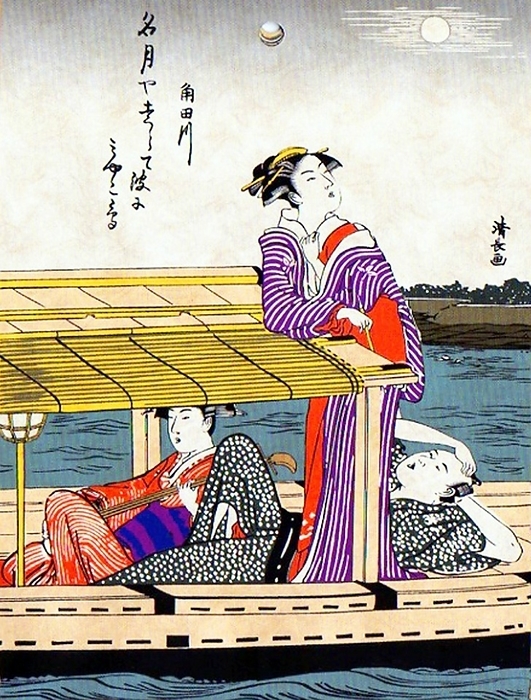 Japan: Two courtesans, one looking at the moon the other playing a musical instrument, with a customer on a pleasure boat. Torii Kiyonaga  1752 1815  Torii Kiyonaga  1752   June 28, 1815  was a Japanese ukiyo e printmaker and painter of the Torii school. Originally Sekiguchi Shinsuke, the son of an Edo bookseller, he Originally Sekiguchi Shinsuke, the son of an Edo bookseller, he took on Torii Kiyonaga as an art name  g  . Although not biologically related to the Torii family, he became head of the group after the death of his adoptive father and teacher Torii Kiyomitsu.    br    The master Kiyomitsu died in 1785  since his son died young, and Kiyotsune, Kiyonaga s senior, was a less promising artist, Kiyonaga was the obvious choice to succeed Kiyomitsu to leadership. However, he delayed this for two years, likely devoting time to his bijinga and realizing the immense responsibility that would fall on Thus, in 1787, he began organizing the production of kabuki Thus, in 1787, he began organizing the production of kabuki signboards and the like, which the school held a near monopoly on. He also began to train Kiyomitsu s grandson, Torii Kiyomine, who was to succeed him. br    br    Kiyonaga is considered one of the great masters of the full color print  nishiki e  and of bijinga, images of courtesans and other beautiful women. He also produced a number of prints and paintings depicting Kabuki actors and related subjects, many of them promotional He also produced a number of shunga, or erotic images.