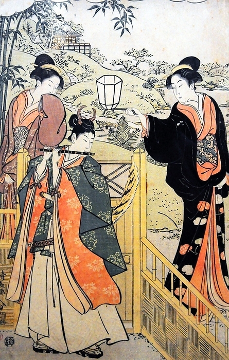 Japan: Parody of Lady Joruri and Ushiwakamaru. Left hand print of triptych by Torii Kiyonaga  1752 1815  :  Torii Kiyonaga  1752   June 28, 1815  was a Japanese ukiyo e printmaker and painter of the Torii school. Originally Sekiguchi Shinsuke, the son of an Edo bookseller, he Originally Sekiguchi Shinsuke, the son of an Edo bookseller, he took on Torii Kiyonaga as an art name  g  . Although not biologically related to the Torii family, he became head of the group after the death of his adoptive father and teacher Torii Kiyomitsu.    br    The master Kiyomitsu died in 1785  since his son died young, and Kiyotsune, Kiyonaga s senior, was a less promising artist, Kiyonaga was the obvious choice to succeed Kiyomitsu to leadership. However, he delayed this for two years, likely devoting time to his bijinga and realizing the immense responsibility that would fall on Thus, in 1787, he began organizing the production of kabuki Thus, in 1787, he began organizing the production of kabuki signboards and the like, which the school held a near monopoly on. He also began to train Kiyomitsu s grandson, Torii Kiyomine, who was to succeed him. br    br    Kiyonaga is considered one of the great masters of the full color print  nishiki e  and of bijinga, images of courtesans and other beautiful women. He also produced a number of prints and paintings depicting Kabuki actors and related subjects, many of them promotional He also produced a number of shunga, or erotic images.