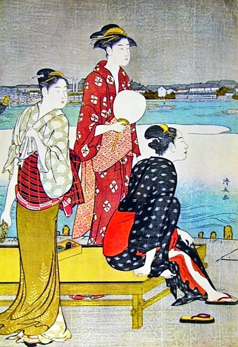 Japan:  Cooling off by the Riverside , Torii Kiyonaga  1752 1815  Torii Kiyonaga  1752   June 28, 1815  was a Japanese ukiyo e printmaker and painter of the Torii school. Originally Sekiguchi Shinsuke, the son of an Edo bookseller, he Originally Sekiguchi Shinsuke, the son of an Edo bookseller, he took on Torii Kiyonaga as an art name  g  . Although not biologically related to the Torii family, he became head of the group after the death of his adoptive father and teacher Torii   The master Kiyomitsu died in 1785  since his son died young, and Kiyotsune, Kiyonaga s senior, was a less promising artist, Kiyonaga was the obvious choice to succeed Kiyomitsu to leadership. However, he delayed this for two years, likely devoting time to his bijinga and realizing the immense responsibility that would fall on Thus, in 1787, he began organizing the production of kabuki Thus, in 1787, he began organizing the production of kabuki signboards and the like, which the school held a near monopoly on. He also began to train Kiyomitsu s grandson, Torii Kiyomine, who was to succeed  br   br  He also began to train Kiyomitsu s grandson, Torii Kiyomine, who was to succeed.  Kiyonaga is considered one of the great masters of the full color print  nishiki e  and of bijinga, images of courtesans and other beautiful women. He also produced a number of prints and paintings depicting Kabuki actors and related subjects, many of them promotional He also produced a number of shunga, or erotic images.
