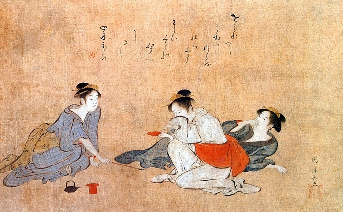 Japan:  Three Drunken Women , Torii Kiyonaga Torii Kiyonaga  1752   June 28, 1815  was a Japanese ukiyo e printmaker and painter of the Torii school. Originally Sekiguchi Shinsuke, the son of an Edo bookseller, he Originally Sekiguchi Shinsuke, the son of an Edo bookseller, he took on Torii Kiyonaga as an art name  g  . Although not biologically related to the Torii family, he became head of the group after the death of his adoptive father and teacher Torii   The master Kiyomitsu died in 1785  since his son died young, and Kiyotsune, Kiyonaga s senior, was a less promising artist, Kiyonaga was the obvious choice to succeed Kiyomitsu to leadership. However, he delayed this for two years, likely devoting time to his bijinga and realizing the immense responsibility that would fall on Thus, in 1787, he began organizing the production of kabuki Thus, in 1787, he began organizing the production of kabuki signboards and the like, which the school held a near monopoly on. He also began to train Kiyomitsu s grandson, Torii Kiyomine, who was to succeed  br   br  He also began to train Kiyomitsu s grandson, Torii Kiyomine, who was to succeed.  Kiyonaga is considered one of the great masters of the full color print  nishiki e  and of bijinga, images of courtesans and other beautiful women. He also produced a number of prints and paintings depicting Kabuki actors and related subjects, many of them promotional He also produced a number of shunga, or erotic images.