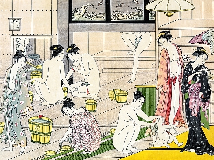 Japan:  Bathhouse women , Torii Kiyonaga  1752 1815  Torii Kiyonaga  1752   June 28, 1815  was a Japanese ukiyo e printmaker and painter of the Torii school. Originally Sekiguchi Shinsuke, the son of an Edo bookseller, he Originally Sekiguchi Shinsuke, the son of an Edo bookseller, he took on Torii Kiyonaga as an art name  g  . Although not biologically related to the Torii family, he became head of the group after the death of his adoptive father and teacher Torii   The master Kiyomitsu died in 1785  since his son died young, and Kiyotsune, Kiyonaga s senior, was a less promising artist, Kiyonaga was the obvious choice to succeed Kiyomitsu to leadership. However, he delayed this for two years, likely devoting time to his bijinga and realizing the immense responsibility that would fall on Thus, in 1787, he began organizing the production of kabuki Thus, in 1787, he began organizing the production of kabuki signboards and the like, which the school held a near monopoly on. He also began to train Kiyomitsu s grandson, Torii Kiyomine, who was to succeed  br   br  He also began to train Kiyomitsu s grandson, Torii Kiyomine, who was to succeed.  Kiyonaga is considered one of the great masters of the full color print  nishiki e  and of bijinga, images of courtesans and other beautiful women. He also produced a number of prints and paintings depicting Kabuki actors and related subjects, many of them promotional He also produced a number of shunga, or erotic images.
