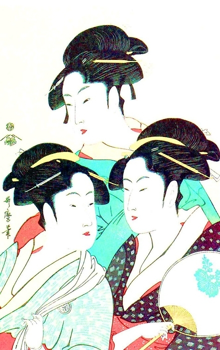 Japan: The three beauties O Hisa, O Kita and O Hina. Bijinga  Beautiful women  genre.   Utamaro Kitagawa  1753 1806  Kitagawa Utamaro  ca. 1753   October 31, 1806  was a Japanese printmaker and painter, who is considered one of the greatest artists of woodblock prints  ukiyo e . He is known especially for his masterfully composed studies of women, known as bijinga. He also produced nature studies, particularly illustrated books of insects. 