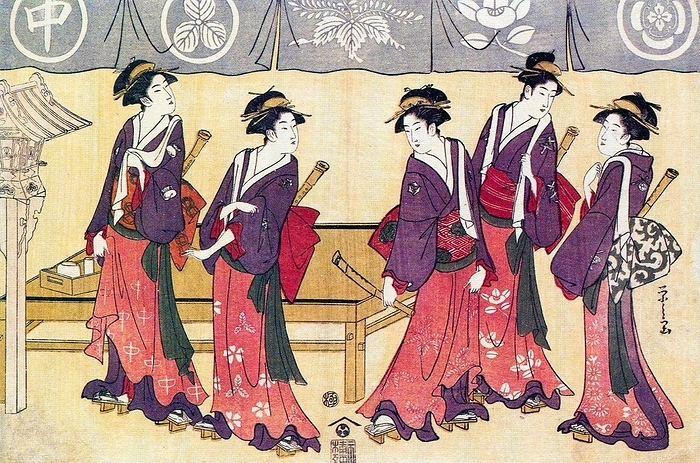 Japan: Five female warriors. Utamaro Kitagawa  1753 1806  Kitagawa Utamaro  ca. 1753   October 31, 1806  was a Japanese printmaker and painter, who is considered one of the greatest artists of woodblock prints  ukiyo e . He is known especially for his masterfully composed studies of women, known as bijinga. He also produced nature studies, particularly illustrated books of insects. 