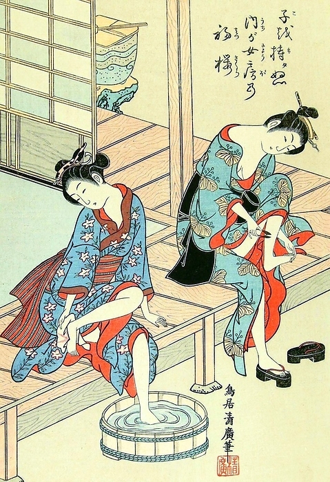 Japan: Two young women at their toilette. Utamaro Kitagawa  1753 1806  Kitagawa Utamaro  ca. 1753   October 31, 1806  was a Japanese printmaker and painter, who is considered one of the greatest artists of woodblock prints  ukiyo e . He is known especially for his masterfully composed studies of women, known as bijinga. He also produced nature studies, particularly illustrated books of insects. 