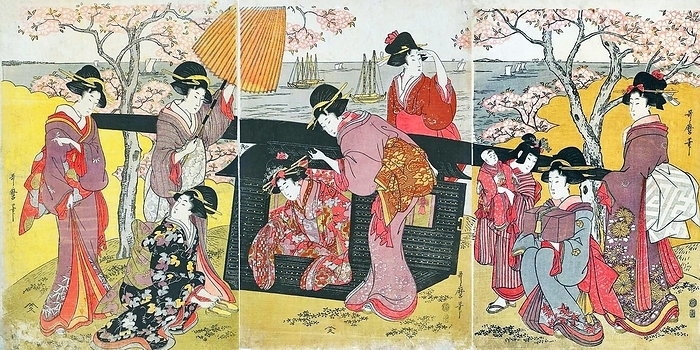 Japan: The Palanquin. Utamaro Kitagawa  1753 1806  Kitagawa Utamaro  ca. 1753   October 31, 1806  was a Japanese printmaker and painter, who is considered one of the greatest artists of woodblock prints  ukiyo e . He is known especially for his masterfully composed studies of women, known as bijinga. He also produced nature studies, particularly illustrated books of insects. 