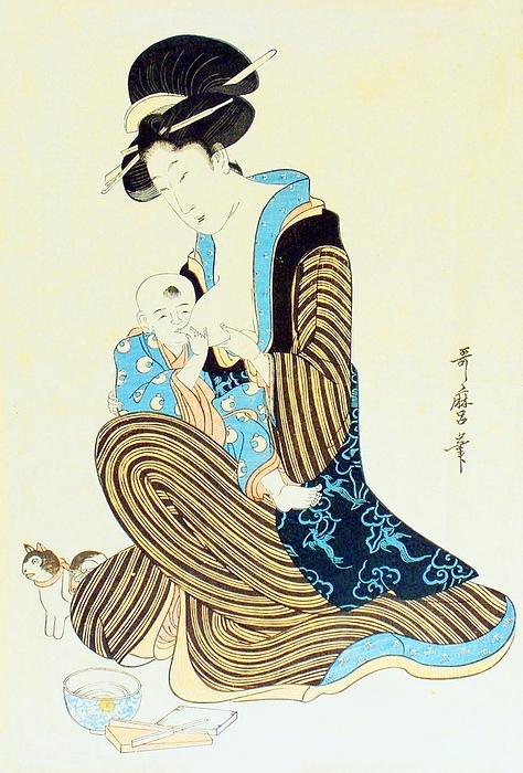 Japan: Woman Nursing Infant, late 18th century. Kitagawa Utamaro  1753 1806  Kitagawa Utamaro  ca. 1753   October 31, 1806  was a Japanese printmaker and painter, who is considered one of the greatest artists of woodblock prints  ukiyo e . He is known especially for his masterfully composed studies of women, known as bijinga. He also produced nature studies, particularly illustrated books of insects. 