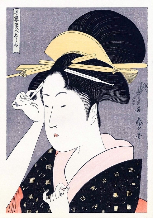 Japan: An oiran or courtesan, by Kitagawa Utamaro  1753 1806  c. 1790 The oiran were considered a type of y jo  prostitute   woman of pleasure  or prostitute. However, they were distinguished from the y jo in that they were entertainers, and many became celebrities of their times outside the pleasure districts. Their art and fashions often set trends among the wealthy and, because of this, cultural aspects of oiran traditions continue to be preserved to this day. br   br  They were distinguished from the y jo  woman of pleasure  or prostitute.  The oiran arose in the Edo period  1600 1868 . At this time, laws were passed restricting brothels to walled districts set some distance from the city center. In the major cities these were the Shimabara in Kyoto, the Shinmachi in Osaka, and the Yoshiwara in Edo  present day Tokyo .  br   br   br  These are the major cities.  These rapidly grew into large, self contained  pleasure quarters  offering all manner of entertainments. Within, a courtesan s birth held no distinction, which was fortunate considering many of the courtesans originated as the daughters of impoverished families who were sold into this lifestyle as indentured servants.   Among the oiran, the tay   tayu  was considered the highest rank of courtesan and were considered suitable for the daimyo or feudal lords. In the mid 1700s courtesan rankings began to disappear and courtesans of all classes were collectively known simply as  oiran .  br   br    The word oiran comes from the Japanese phrase oira no tokoro no n san            which translates as  my elder sister . When written in Japanese, it consists of two kanji, flower meaning  flower , and kai meaning  leader  or  first , hence  Leading Flower  or  First Flower .