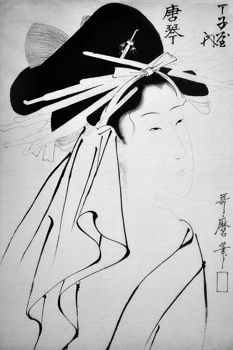 Japan: The oiran or courtesan Karakot. Kitagawa Utamaro  1753 1806  The oiran were considered a type of y jo  prostitute   woman of pleasure  or prostitute. However, they were distinguished from the y jo in that they were entertainers, and many became celebrities of their times outside the pleasure districts. Their art and fashions often set trends among the wealthy and, because of this, cultural aspects of oiran traditions continue to be preserved to this day. br   br  They were distinguished from the y jo  woman of pleasure  or prostitute.  The oiran arose in the Edo period  1600 1868 . At this time, laws were passed restricting brothels to walled districts set some distance from the city center. In the major cities these were the Shimabara in Kyoto, the Shinmachi in Osaka, and the Yoshiwara in Edo  present day Tokyo .  br   br   br  These are the major cities.  These rapidly grew into large, self contained  pleasure quarters  offering all manner of entertainments. Within, a courtesan s birth held no distinction, which was fortunate considering many of the courtesans originated as the daughters of impoverished families who were sold into this lifestyle as indentured servants.   Among the oiran, the tay   tayu  was considered the highest rank of courtesan and were considered suitable for the daimyo or feudal lords. In the mid 1700s courtesan rankings began to disappear and courtesans of all classes were collectively known simply as  oiran .  br   br    The word oiran comes from the Japanese phrase oira no tokoro no n san            which translates as  my elder sister . When written in Japanese, it consists of two kanji, flower meaning  flower , and kai meaning  leader  or  first , hence  Leading Flower  or  First Flower .