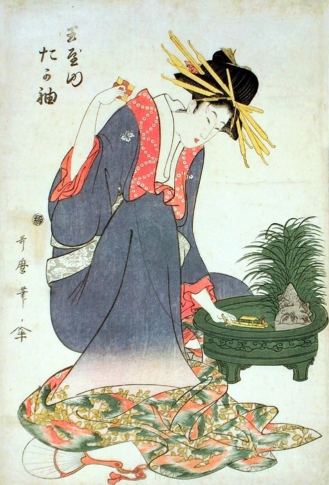Japan: Tamaya nai Tagasode, the oiran or courtesan Tagasode of the Tamaya House. She is shown floating a model boat in a Chinese vessel. Kitagawa Utamaro  1753 1806  The oiran were considered a type of y jo  prostitute   woman of pleasure  or prostitute. However, they were distinguished from the y jo in that they were entertainers, and many became celebrities of their times outside the pleasure districts. Their art and fashions often set trends among the wealthy and, because of this, cultural aspects of oiran traditions continue to be preserved to this day. br   br  They were distinguished from the y jo  woman of pleasure  or prostitute.  The oiran arose in the Edo period  1600 1868 . At this time, laws were passed restricting brothels to walled districts set some distance from the city center. In the major cities these were the Shimabara in Kyoto, the Shinmachi in Osaka, and the Yoshiwara in Edo  present day Tokyo .  br   br   br  These are the major cities.  These rapidly grew into large, self contained  pleasure quarters  offering all manner of entertainments. Within, a courtesan s birth held no distinction, which was fortunate considering many of the courtesans originated as the daughters of impoverished families who were sold into this lifestyle as indentured servants.   Among the oiran, the tay   tayu  was considered the highest rank of courtesan and were considered suitable for the daimyo or feudal lords. In the mid 1700s courtesan rankings began to disappear and courtesans of all classes were collectively known simply as  oiran .  br   br    The word oiran comes from the Japanese phrase oira no tokoro no n san            which translates as  my elder sister . When written in Japanese, it consists of two kanji, flower meaning  flower , and kai meaning  leader  or  first , hence  Leading Flower  or  First Flower .