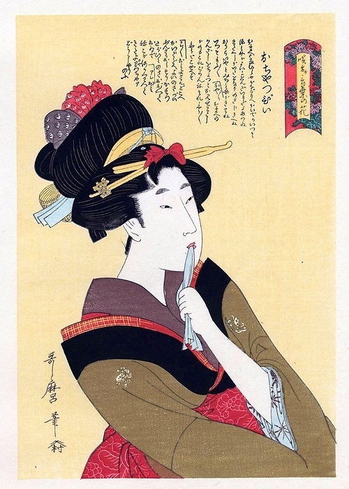 Japan: An oiran or courtesan, by Kitagawa Utamaro  1753 1806  The oiran were considered a type of y jo  prostitute   woman of pleasure  or prostitute. However, they were distinguished from the y jo in that they were entertainers, and many became celebrities of their times outside the pleasure districts. Their art and fashions often set trends among the wealthy and, because of this, cultural aspects of oiran traditions continue to be preserved to this day. br   br  They were distinguished from the y jo  woman of pleasure  or prostitute.  The oiran arose in the Edo period  1600 1868 . At this time, laws were passed restricting brothels to walled districts set some distance from the city center. In the major cities these were the Shimabara in Kyoto, the Shinmachi in Osaka, and the Yoshiwara in Edo  present day Tokyo .  br   br   br  These are the major cities.  These rapidly grew into large, self contained  pleasure quarters  offering all manner of entertainments. Within, a courtesan s birth held no distinction, which was fortunate considering many of the courtesans originated as the daughters of impoverished families who were sold into this lifestyle as indentured servants.   Among the oiran, the tay   tayu  was considered the highest rank of courtesan and were considered suitable for the daimyo or feudal lords. In the mid 1700s courtesan rankings began to disappear and courtesans of all classes were collectively known simply as  oiran .  br   br    The word oiran comes from the Japanese phrase oira no tokoro no n san            which translates as  my elder sister . When written in Japanese, it consists of two kanji, flower meaning  flower , and kai meaning  leader  or  first , hence  Leading Flower  or  First Flower .