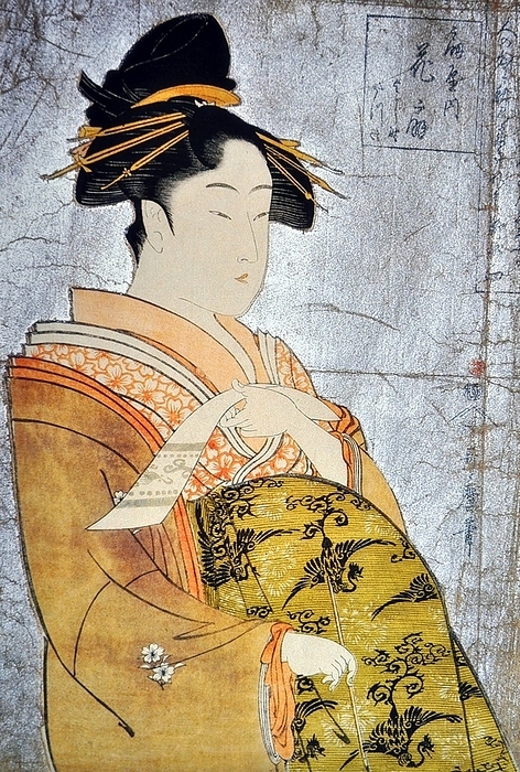 Japan: The oiran or courtesan Hanaogi, by Utamaro  ca. 1794 . Woodcut print with a mica background The oiran were considered a type of y jo  prostitute   woman of pleasure  or prostitute. However, they were distinguished from the y jo in that they were entertainers, and many became celebrities of their times outside the pleasure districts. Their art and fashions often set trends among the wealthy and, because of this, cultural aspects of oiran traditions continue to be preserved to this day. br   br  They were distinguished from the y jo  woman of pleasure  or prostitute.  The oiran arose in the Edo period  1600 1868 . At this time, laws were passed restricting brothels to walled districts set some distance from the city center. In the major cities these were the Shimabara in Kyoto, the Shinmachi in Osaka, and the Yoshiwara in Edo  present day Tokyo .  br   br   br  These are the major cities.  These rapidly grew into large, self contained  pleasure quarters  offering all manner of entertainments. Within, a courtesan s birth held no distinction, which was fortunate considering many of the courtesans originated as the daughters of impoverished families who were sold into this lifestyle as indentured servants.   Among the oiran, the tay   tayu  was considered the highest rank of courtesan and were considered suitable for the daimyo or feudal lords. In the mid 1700s courtesan rankings began to disappear and courtesans of all classes were collectively known simply as  oiran .  br   br    The word oiran comes from the Japanese phrase oira no tokoro no n san            which translates as  my elder sister . When written in Japanese, it consists of two kanji, flower meaning  flower , and kai meaning  leader  or  first , hence  Leading Flower  or  First Flower .