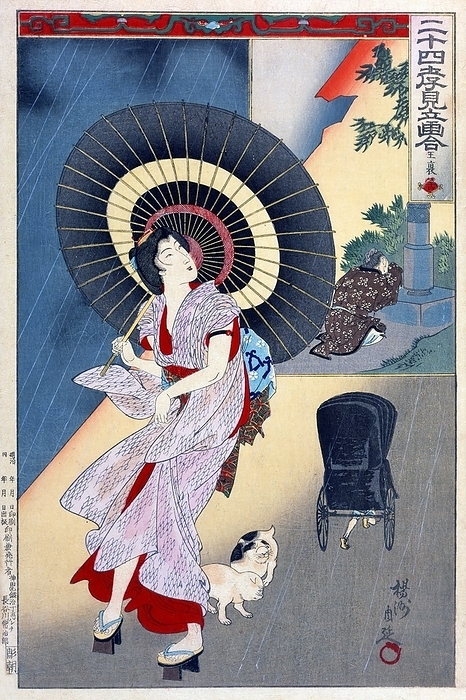 Japan: Wang Pou  Oho  visits a grave during a storm. Ukiyo e woodblock print by  Toyohara  Yoshu Chikanobu  1838 1912   Wangpou was so diligent about calming his mother s fear of lightning that even after her death, he would go to her tomb during a rainstorm to comfort her. By contrast, this modern woman, caught in a summer downpour, seems unconcerned by the thunder. To further emphasize the contemporary setting, Chikanobu includes a rikshaw, a new mode of transportation in 19th century Tokyo  1890 .  br   br   br    Toyohara Chikanobu  1838 1912 , better known to his contemporaries as Y sh  Chikanobu, was a prolific woodblock artist of Japan s Meiji period. His works capture the transition from the age of the samurai to Meiji modernity. br   br   br  The work of Toyohara Chikanobu  1838 1912 , better known to his contemporaries as Y sh  Chikanobu, was a prolific woodblock artist of Japan s Meiji period.  In 1875  Meiji 8 , he decided to try to make a living as an artist. He travelled to Tokyo. He found work as an artist for the Kaishin Shimbun. In his younger days, he had studied the Kan  school of painting  but his interest was drawn to ukiyo e. br   br  In 1875  Meiji 8 , he decided to try to make a living as an artist.  Like many ukiyo e artists, Chikanobu turned his attention towards a great variety of subjects. As well as a number of the other artists of this period, he too portrayed kabuki actors in character, As well as a number of the other artists of this period, he too portrayed kabuki actors in character, and is well known for his impressions of the mie  formal pose  of kabuki productions. br   br   br  These are the first two works of the series.  Chikanobu was known as a master of bijinga, images of beautiful women, and for illustrating changes in women s fashion, including both traditional and Western clothing. For example, in Chikanobu s images in Mirror of Ages  1897 , the hair styles of the Tenmei era For example, in Chikanobu s images in Mirror of Ages  1897 , the hair styles of the Tenmei era, 1781 1789 are distinguished from those of the Keio era, 1865 1867.