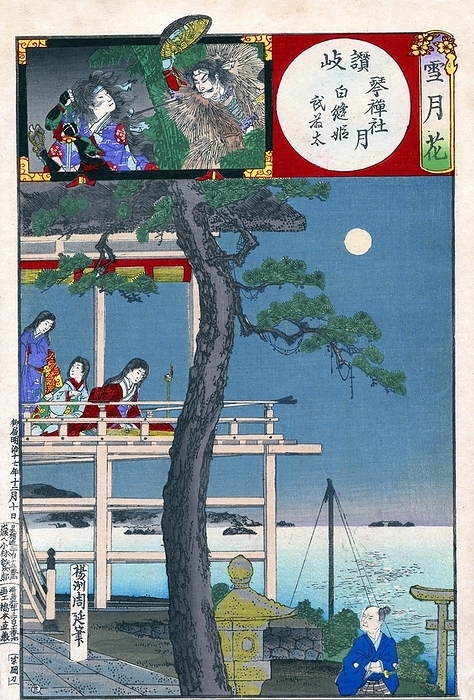Japan: Sanuki, moon over Kotohiki Shrine, Princess Shiranui and Butoda. Ukiyo e woodblock print by  Toyohara  Yoshu Chikanobu  1838 1912   The Hachiman Shrine at  Zither Strumming Hill   Kotohikiyama  gets its name from the Shinto god Hachiman of Usa, who reportedly appeared here in 703 to the sound of koto music. The hilltop shrine buildings overlook a beach famous for its many weathered pines, seen here. On the verandah a woman plays a koto, attracting the attention of a man near the torii shrine gate  1884 .  br   br    Toyohara Chikanobu  1838 1912 , better known to his contemporaries as Y sh  Chikanobu, was a prolific woodblock artist of Japan s Meiji period. His works capture the transition from the age of the samurai to Meiji modernity. br   br   br  The work of Toyohara Chikanobu  1838 1912 , better known to his contemporaries as Y sh  Chikanobu, was a prolific woodblock artist of Japan s Meiji period.  In 1875  Meiji 8 , he decided to try to make a living as an artist. He travelled to Tokyo. He found work as an artist for the Kaishin Shimbun. In his younger days, he had studied the Kan  school of painting  but his interest was drawn to ukiyo e. br   br  In 1875  Meiji 8 , he decided to try to make a living as an artist.  Like many ukiyo e artists, Chikanobu turned his attention towards a great variety of subjects. As well as a number of the other artists of this period, he too portrayed kabuki actors in character, and is well known for his impression. As well as a number of the other artists of this period, he too portrayed kabuki actors in character, and is well known for his impressions of the mie  formal pose  of kabuki productions. br   br   br  These are the first two works of the series.  Chikanobu was known as a master of bijinga, images of beautiful women, and for illustrating changes in women s fashion, including both traditional and Western clothing. For example, in Chikanobu s images in Mirror of Ages  1897 , the hair styles of the Tenmei era For example, in Chikanobu s images in Mirror of Ages  1897 , the hair styles of the Tenmei era, 1781 1789 are distinguished from those of the Keio era, 1865 1867.