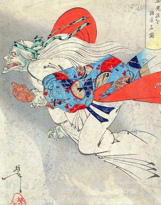 Japan: Ibaraki, the Demon of Rashomon, flies off with her severed arm, Ukiyo e painting by  Tsukioka Yoshitoshi  1839 1892  According to legend, Watanabe no Tsuna was challenged by a friend to spend the night at the Hojo Temple in Kyoto where he could have an encounter with the only demon left in Japan. br   br    Disturbed in the middle of the night, he flailed wildly with his sword, cutting off the arm of the awful Ibaraki, the Demon of Rashomon. Later as Watanabe performs Shinto rights over the arm, Ibaraki returns disguised as his elderly aunt, retrieves the arm, and flies away.